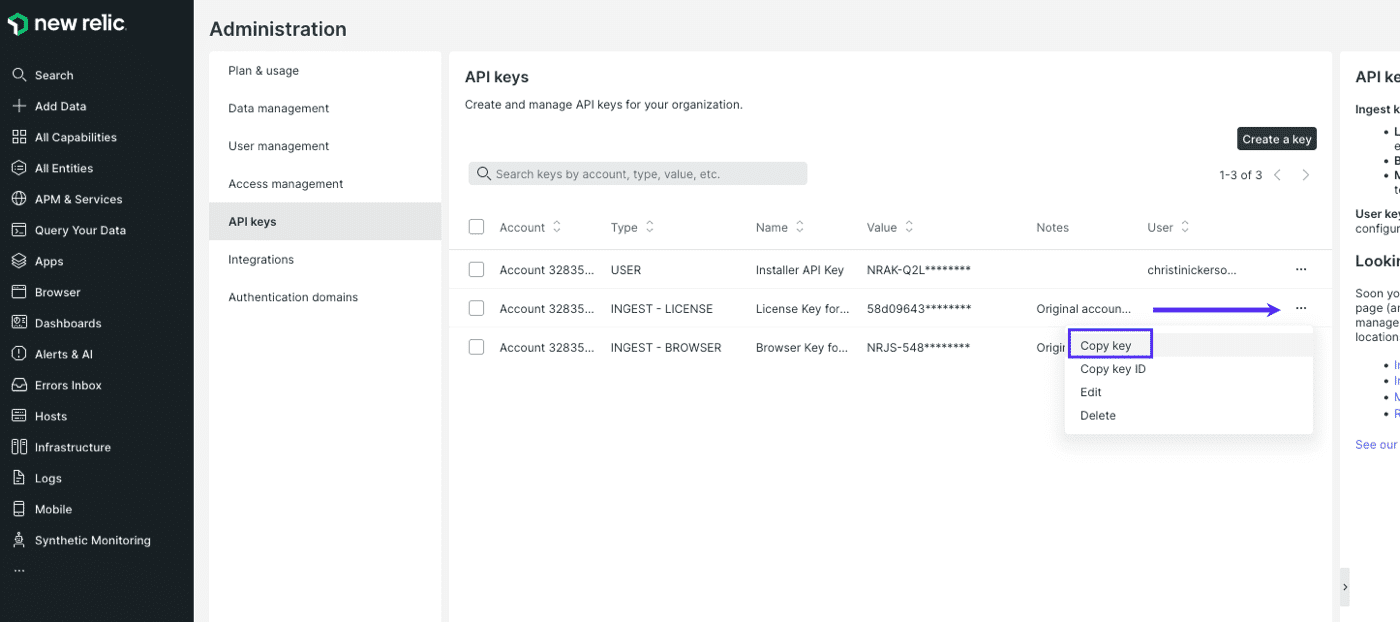 Copiez la clé de licence de New Relic.