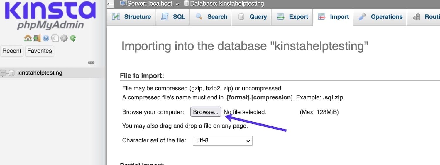 Selezionare il file .sql da importare in phpMyAdmin.