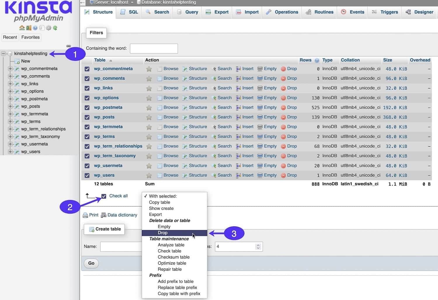 Supprimer les tables dans phpMyAdmin.