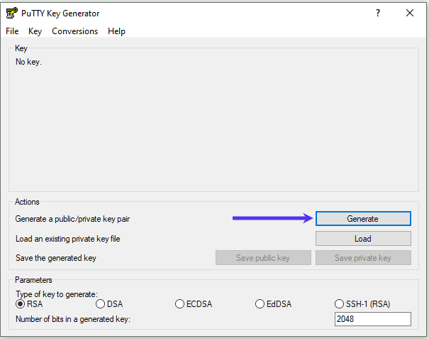 Genera una nuova chiave in PuTTY Key Generator.