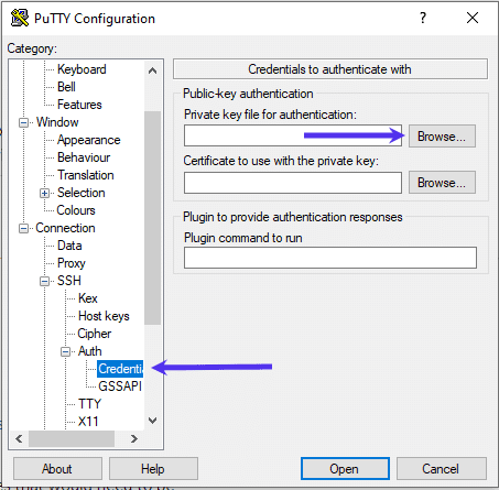 Aggiungete il vostro file di chiave privata SSH in PuTTY.