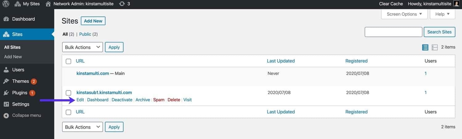 Edit a subsite in a multisite network site list.