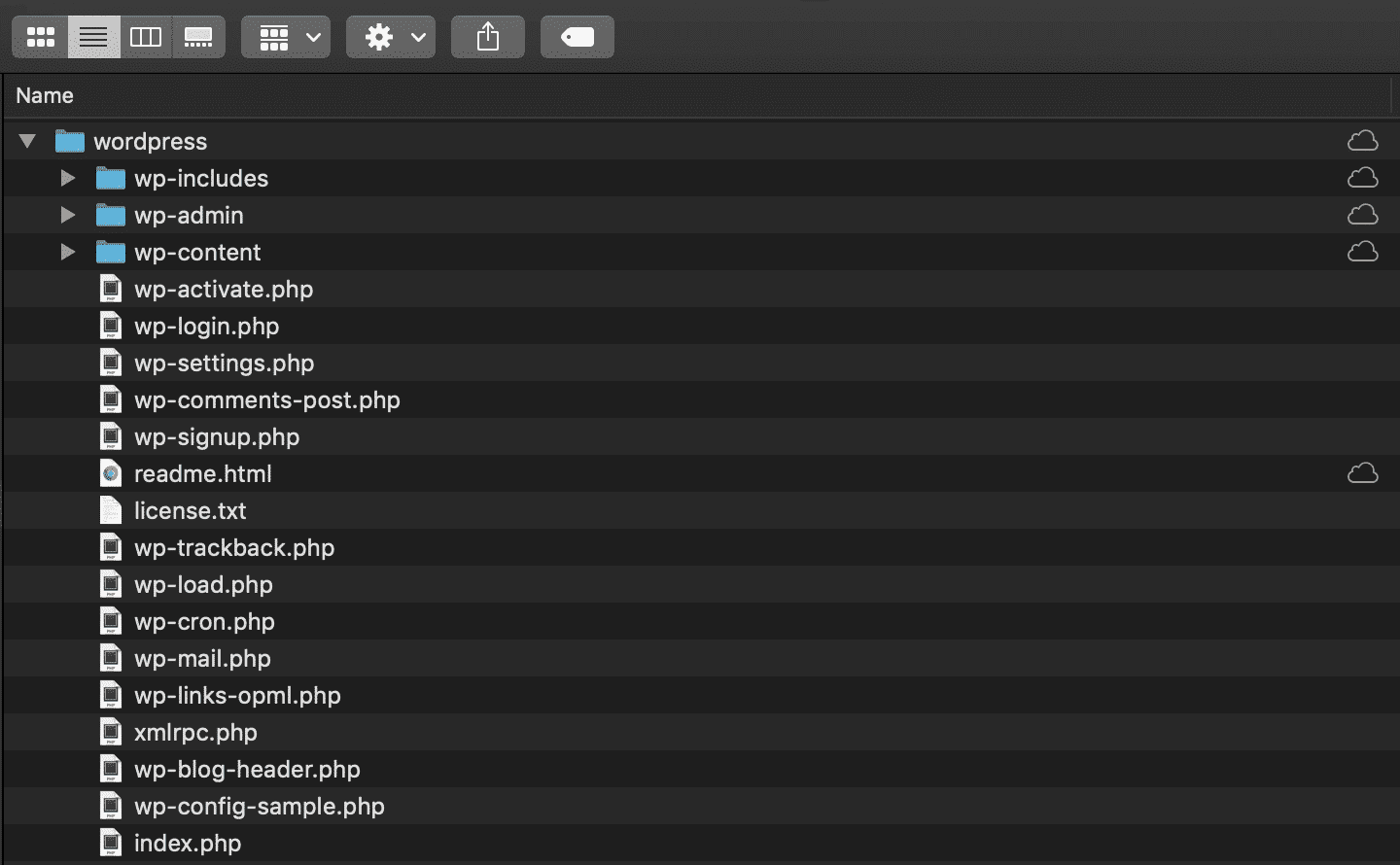 Viewing extracted WordPress core files.