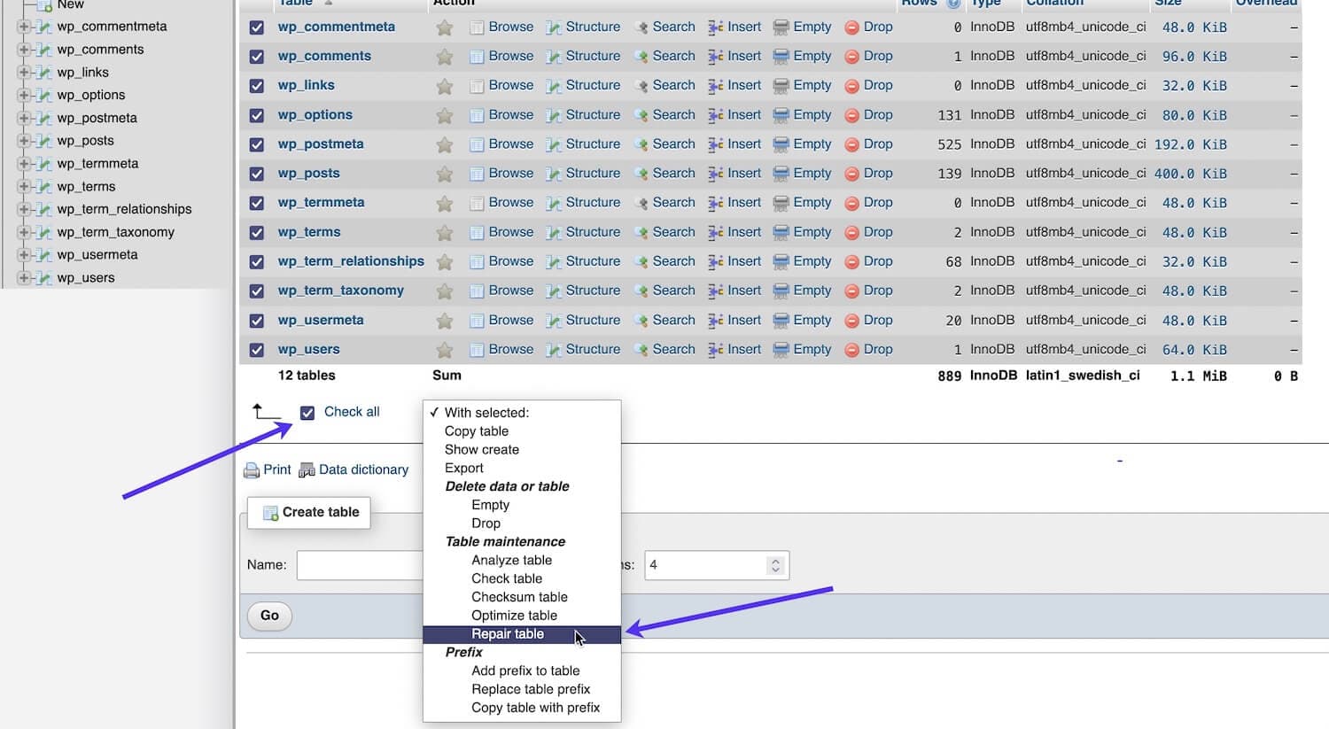 Repararar tabelas do banco de dados no phpMyAdmin.