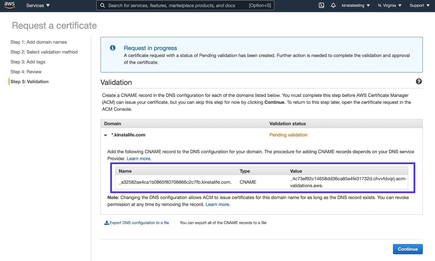 CNAME record details for domain validation.