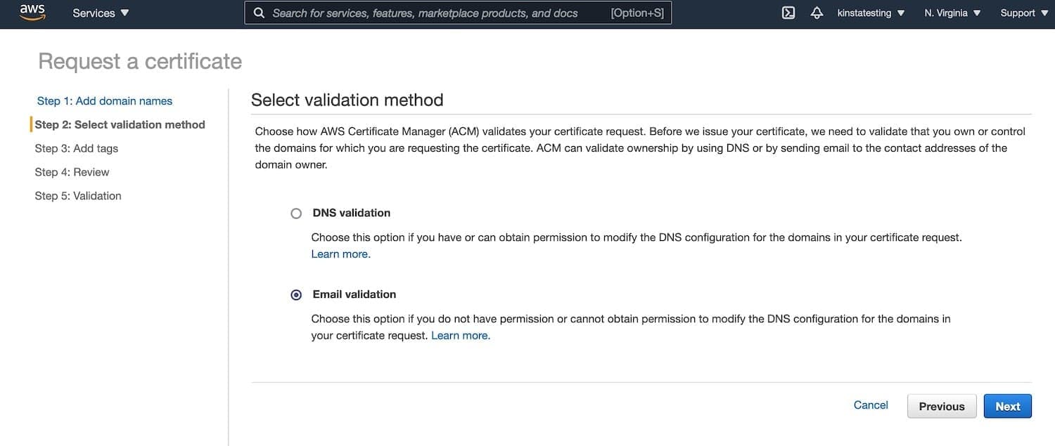 Iniciar validação de e-mail para o certificado AWS SSL.