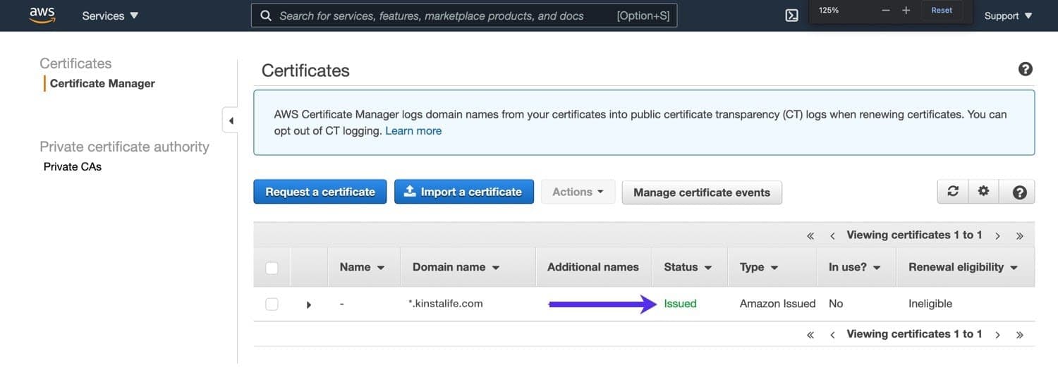 Certificado SSL emitido en Amazon Certificate Manager.