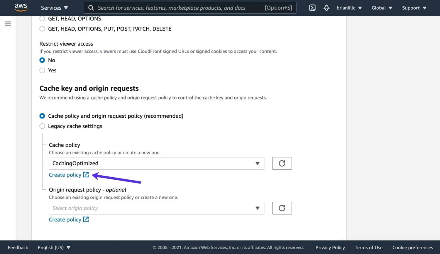 Maak een cache policy in CloudFront.