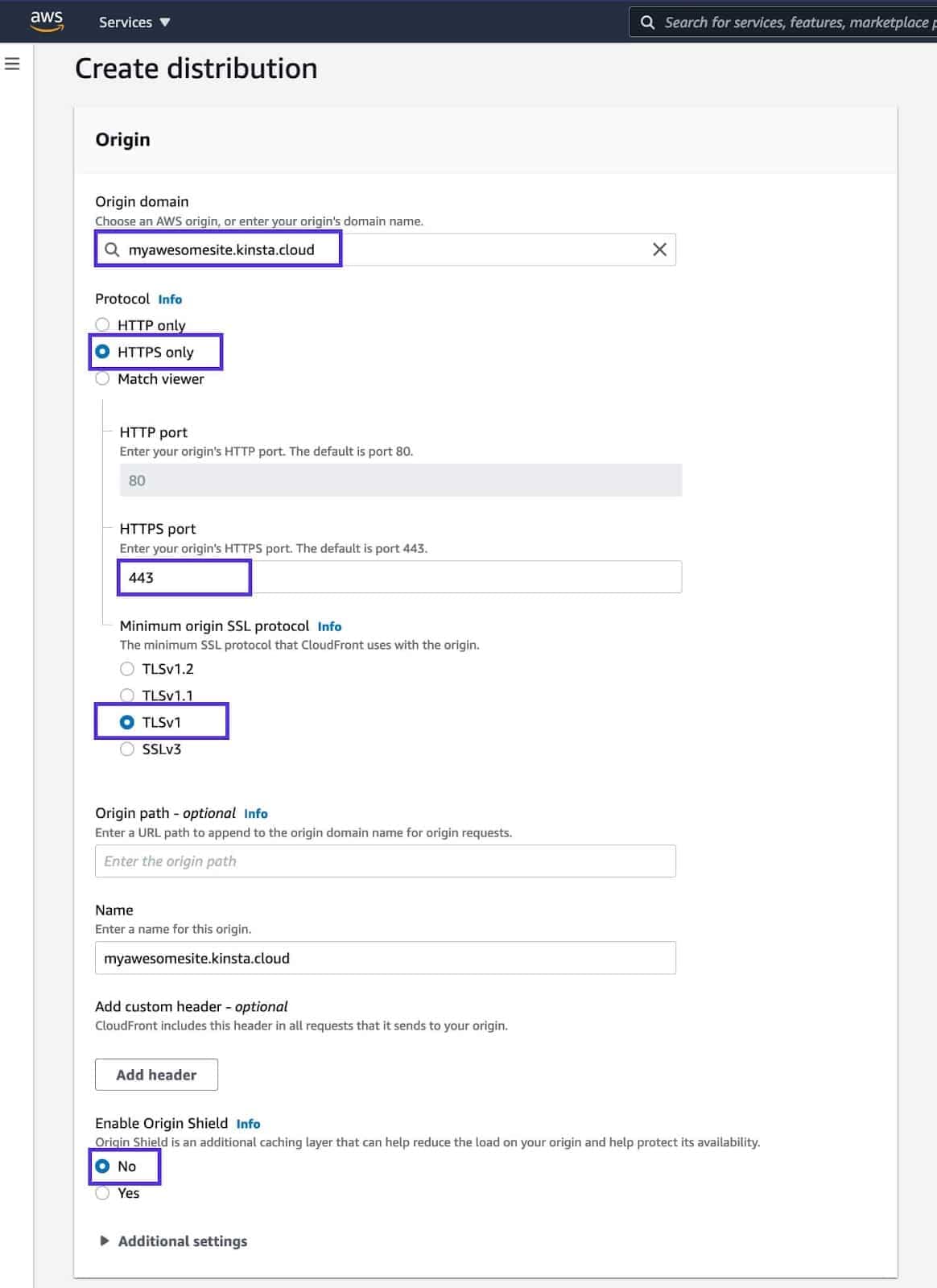 Impostazioni di origine consigliate per la distribuzione di CloudFront.