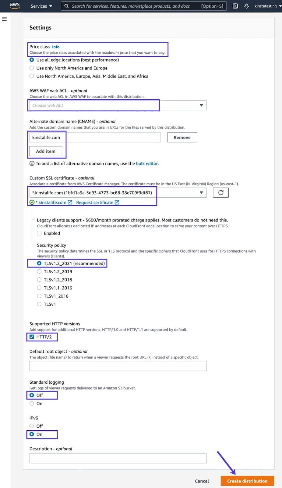 Sla de distributie-instellingen op om je nieuwe CloudFront zone te maken.