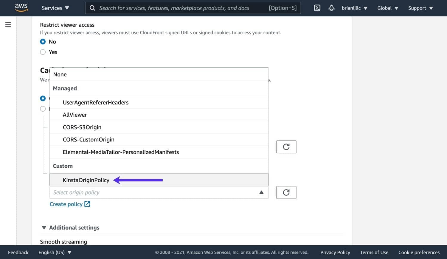 Selecione sua política de solicitação de origem personalizada no menu suspenso Política de solicitação de origem.