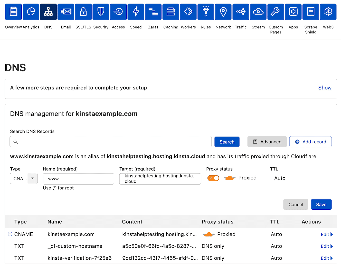 Erstelle einen CNAME-Eintrag für deine www-Domain bei Cloudflare