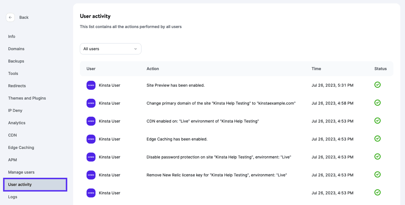 Registro de la Actividad del Sitio en MyKinsta.