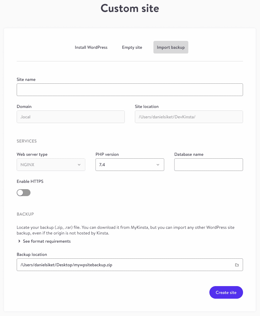 Creare un sito personalizzato e importare il backup in DevKinsta.