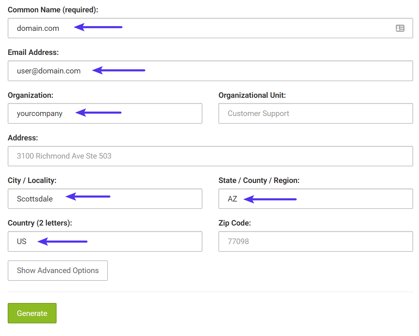 オンラインCSRとキージェネレータの記入フォーム