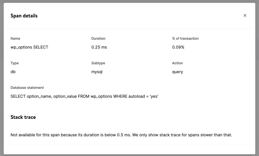 Détails d'une portée dans la chronologie de la trace de la transaction.