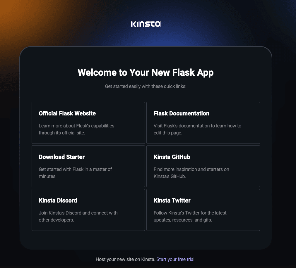 Pagina di benvenuto di Kinsta dopo la distribuzione di Flask.