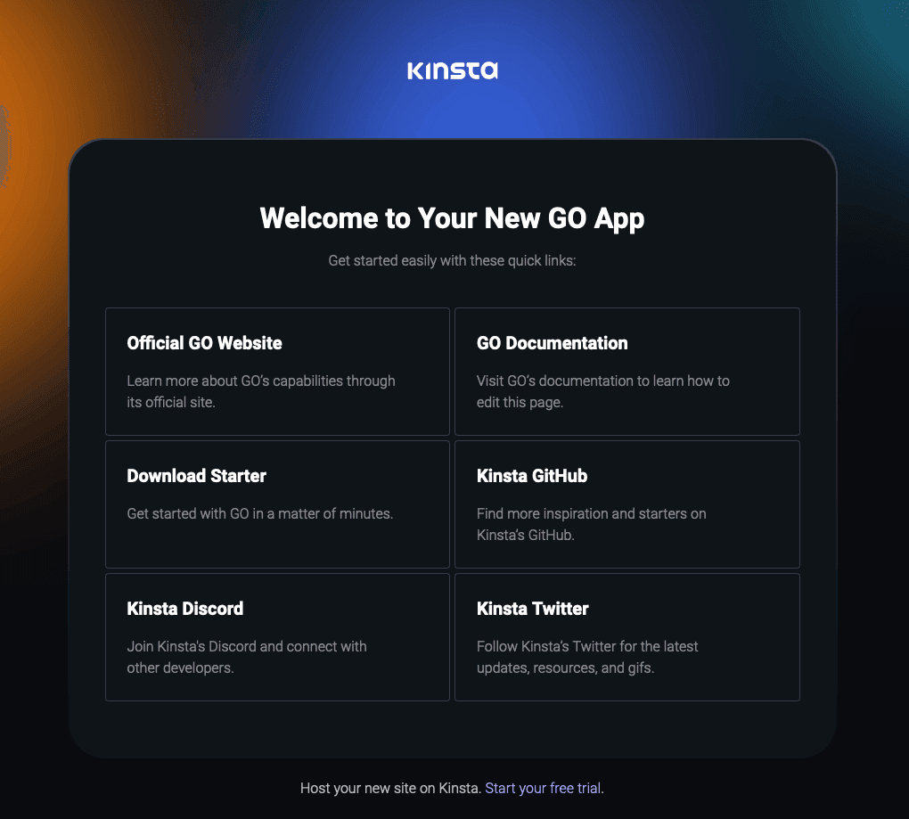 Kinsta welkomstpagina na succesvolle deployment van Go.