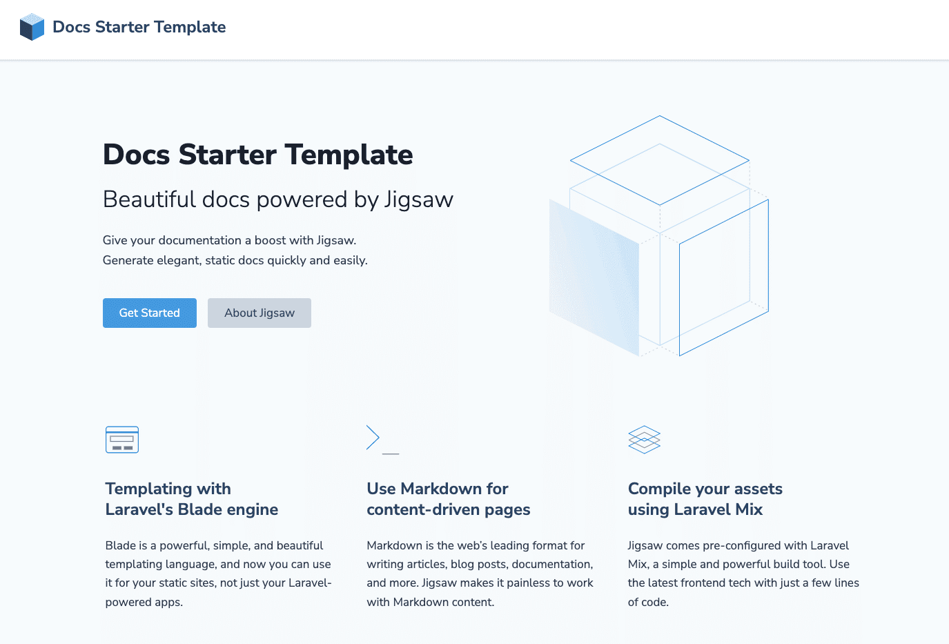 Page par défaut de Jigsaw après une installation réussie.