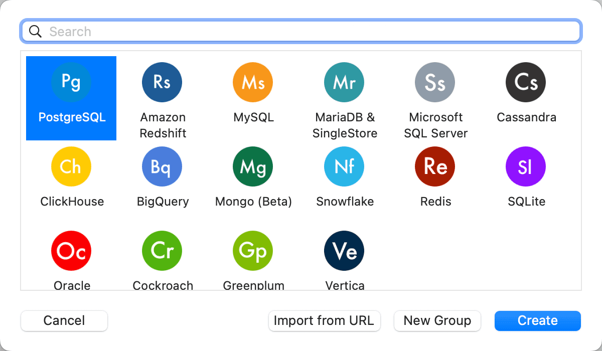 Crea una nueva conexión de base de datos en TablePlus.