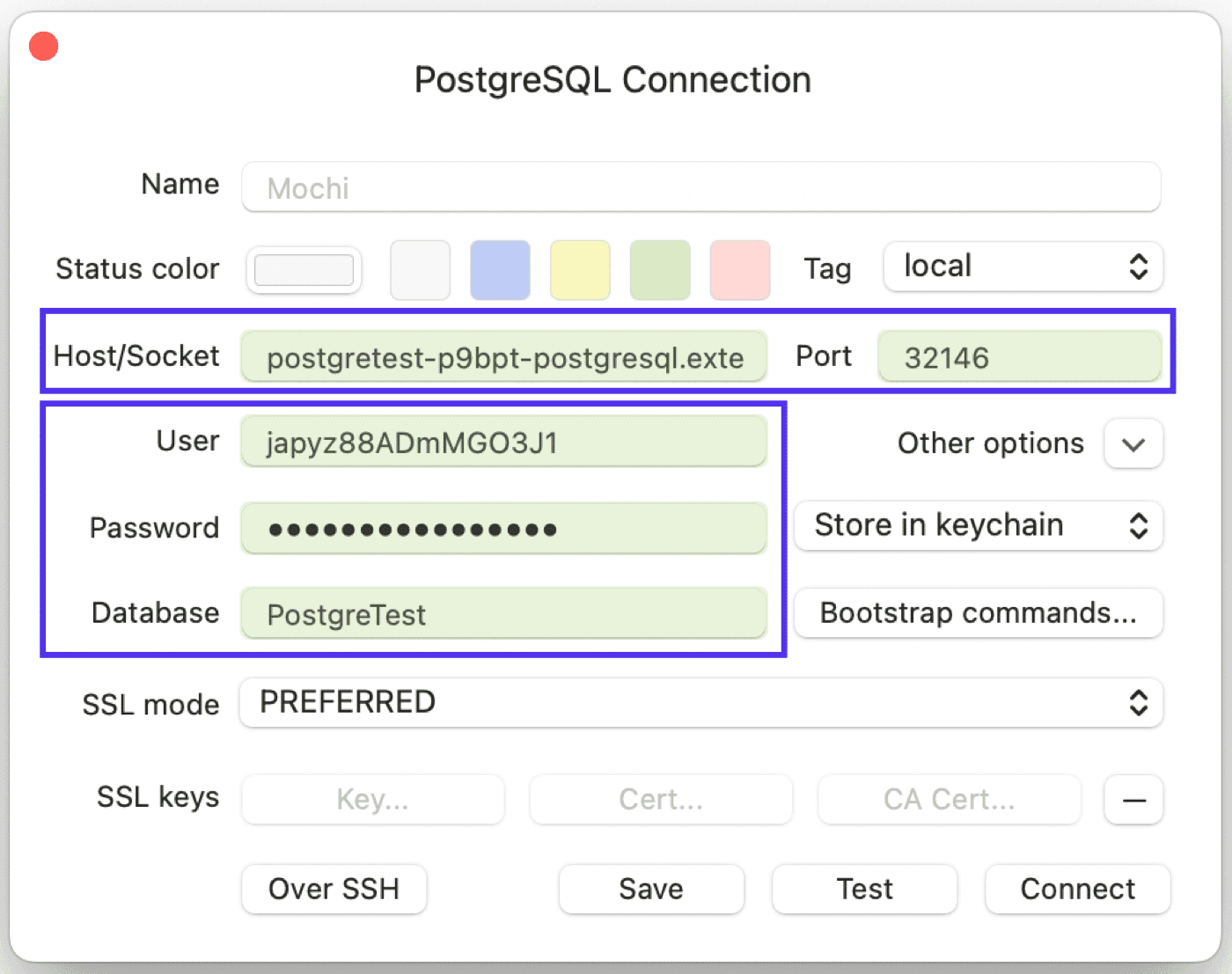 Dettagli della connessione al database in TablePlus.