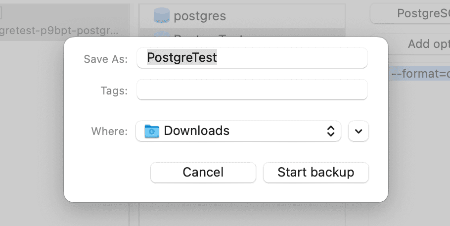 Comece o backup do seu banco de dados no TablePlus.