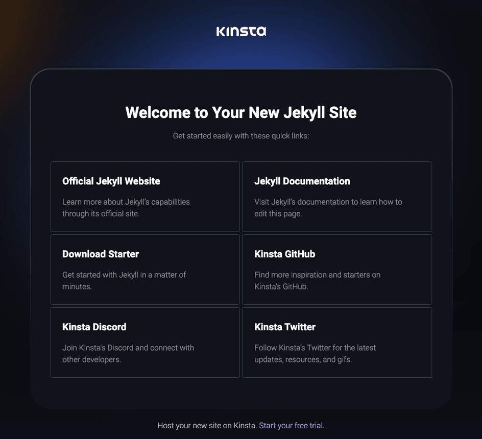 Kinsta welkomstpagina na succesvolle installatie van Jekyll.