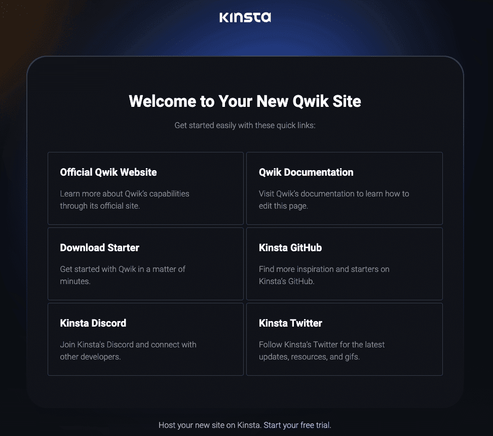 Qwikのデプロイ完了後に表示されるKinstaのウェルカムページ