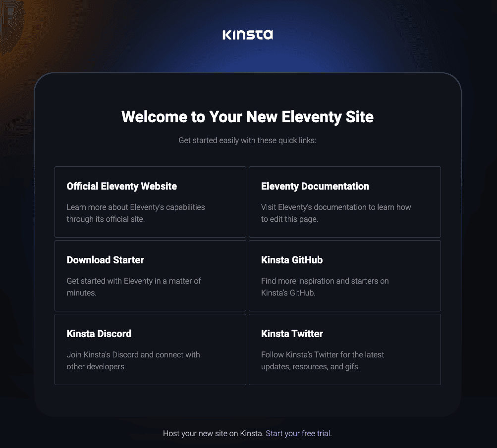 Página de bienvenida de Kinsta tras el despliegue satisfactorio de Eleventy.