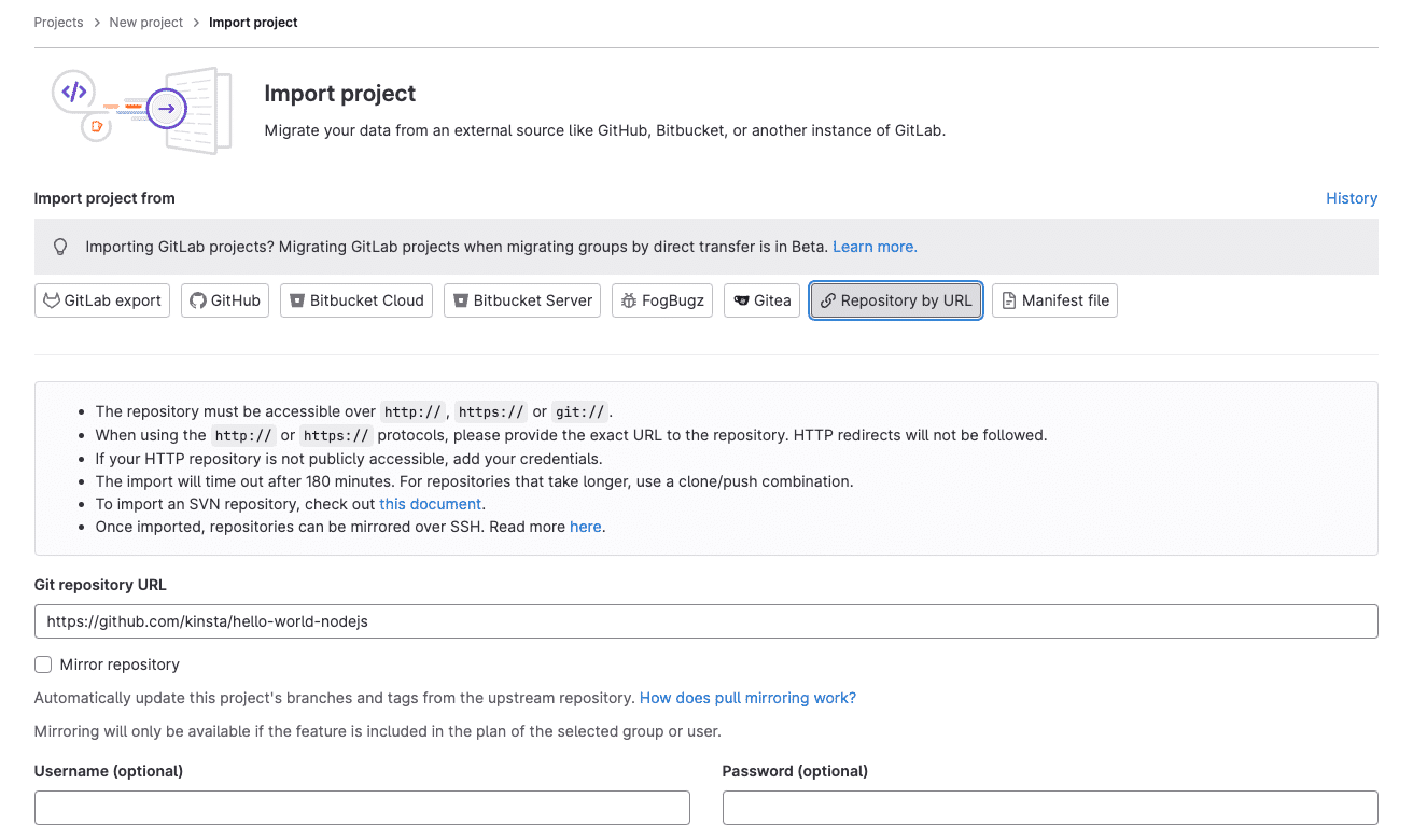 Importa un proyecto por URL en GitLab para importar un repositorio de GitHub.