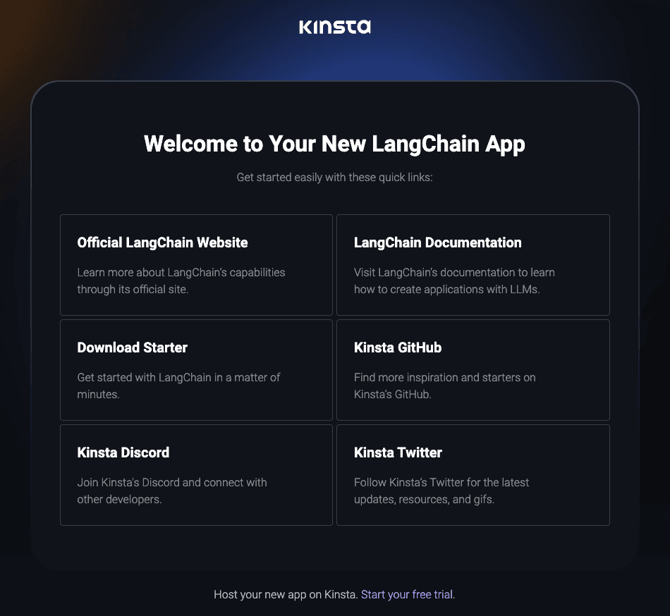 Pagina di benvenuto di Kinsta dopo l'installazione di LangChain.