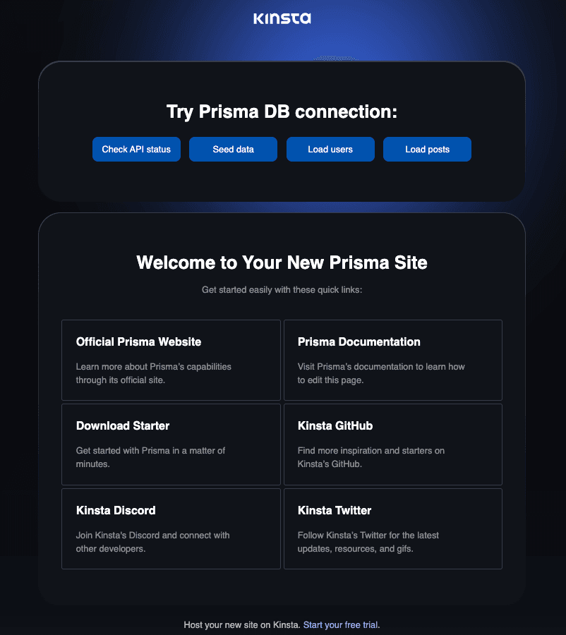 Next.jsとPrismaのインストール完了後に表示されるKinstaのウェルカムページ