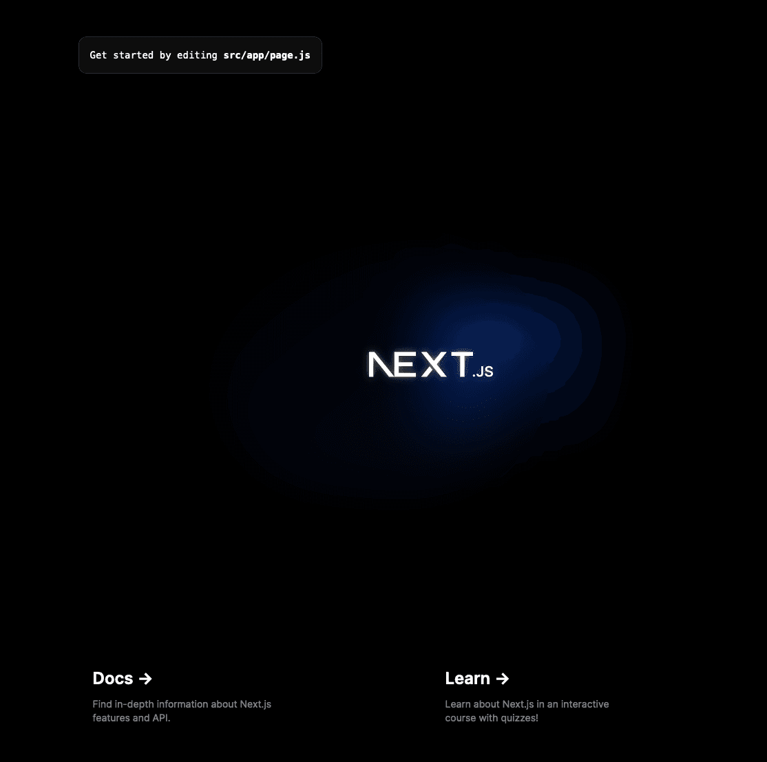 Next.js default page after successful deployment of Next.js.