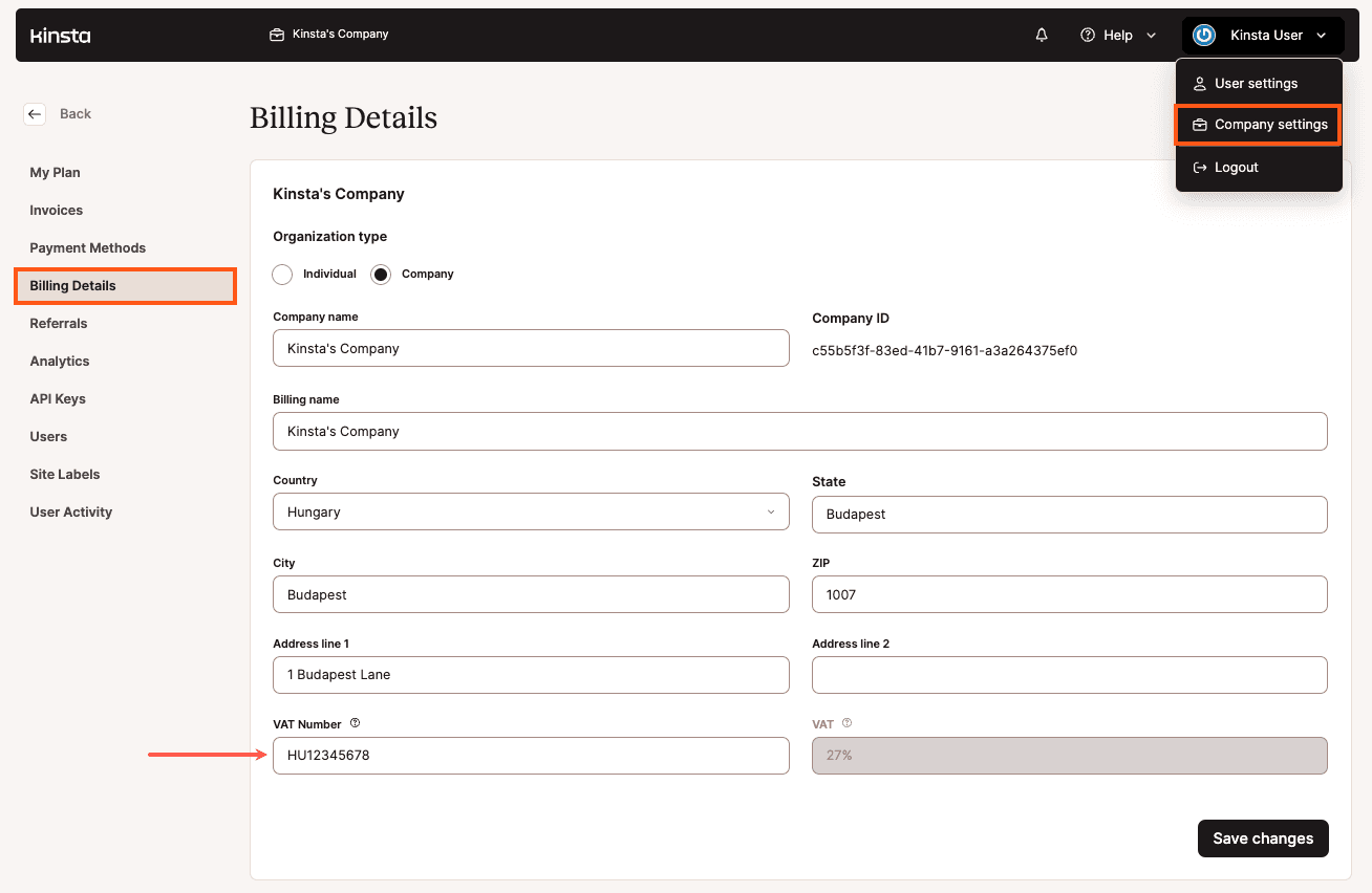 Saisissez votre numéro de TVA dans MyKinsta.