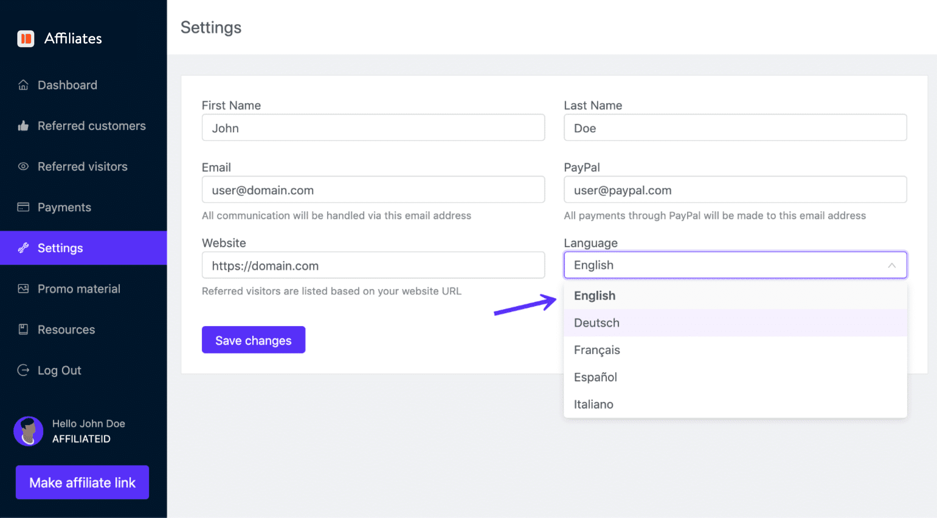 Idiomas do painel do Programa de Afiliados da Kinsta.