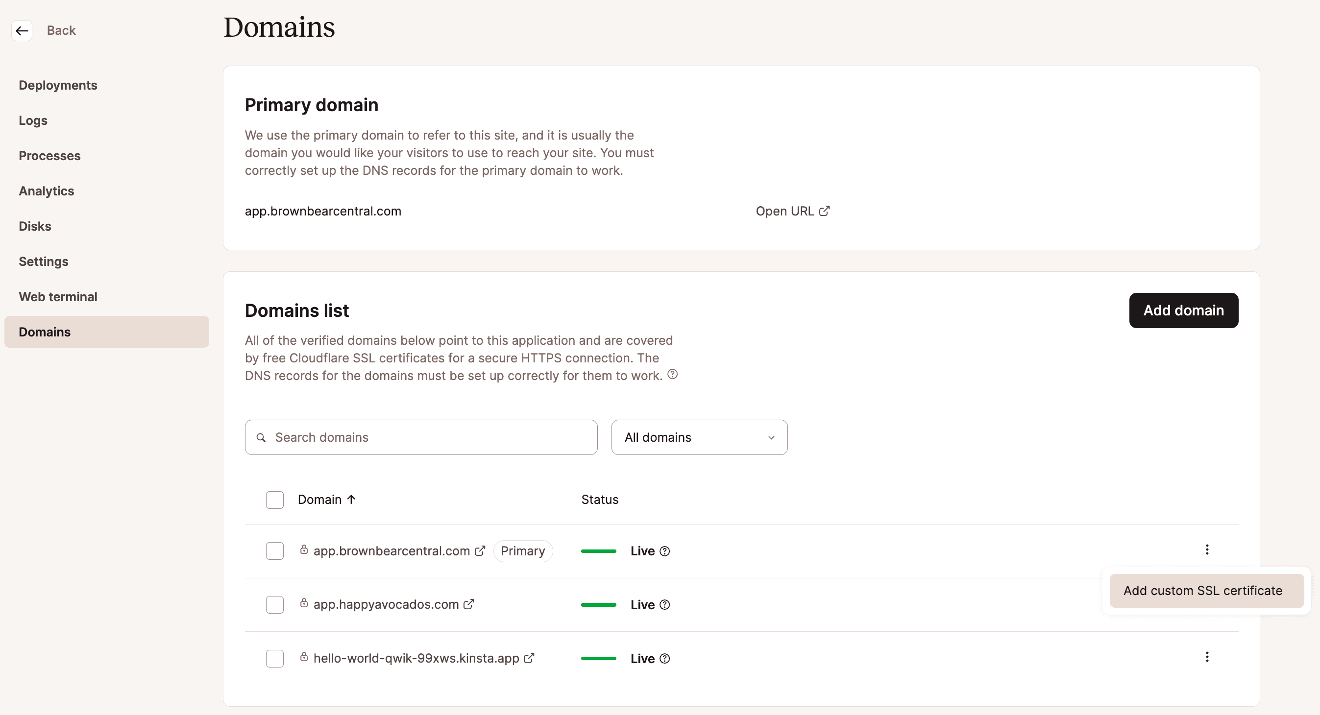 Voeg een custom SSL certificaat toe in MyKinsta.