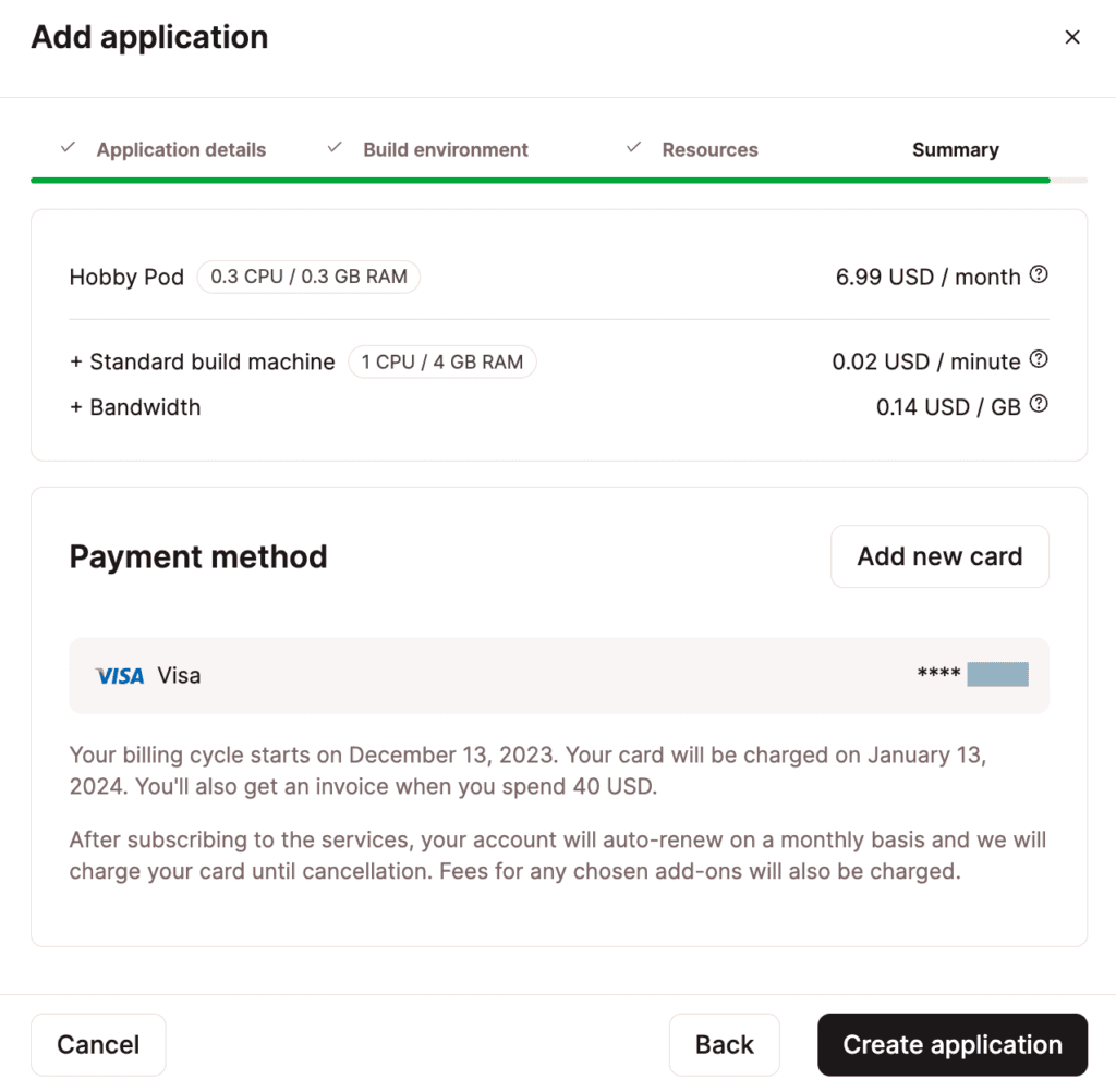 Controleer en bevestig de maandelijkse verbruikskosten en betaalmethode van je applicatie.