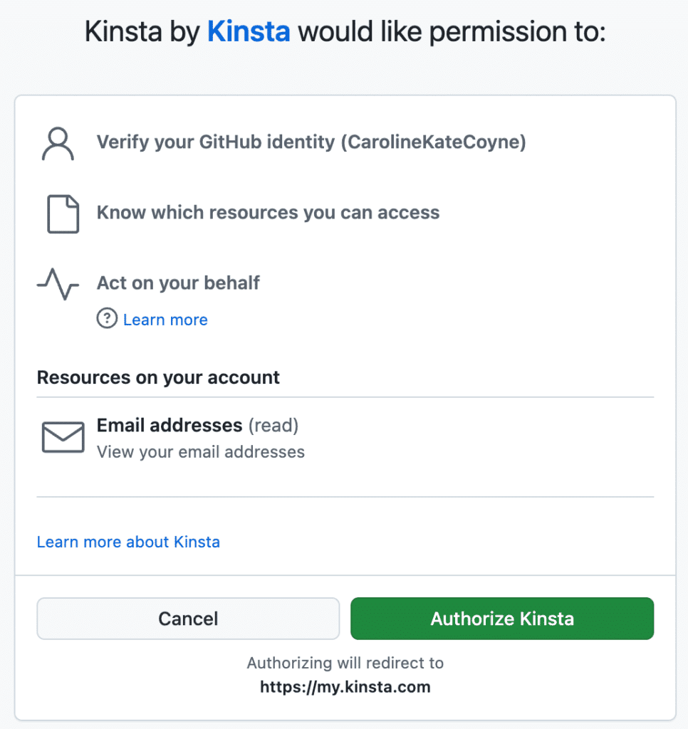 Authorize Kinsta to connect to your GitHub account.