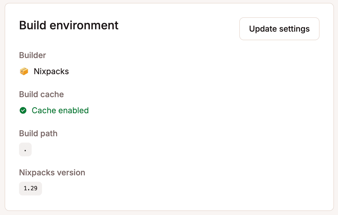 The applications build environment within Settings.