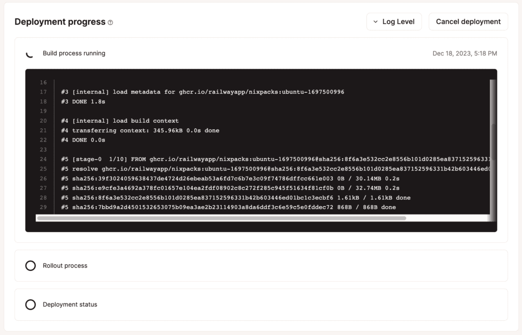 MyKinstaで実行中のアプリケーションのビルドプロセス