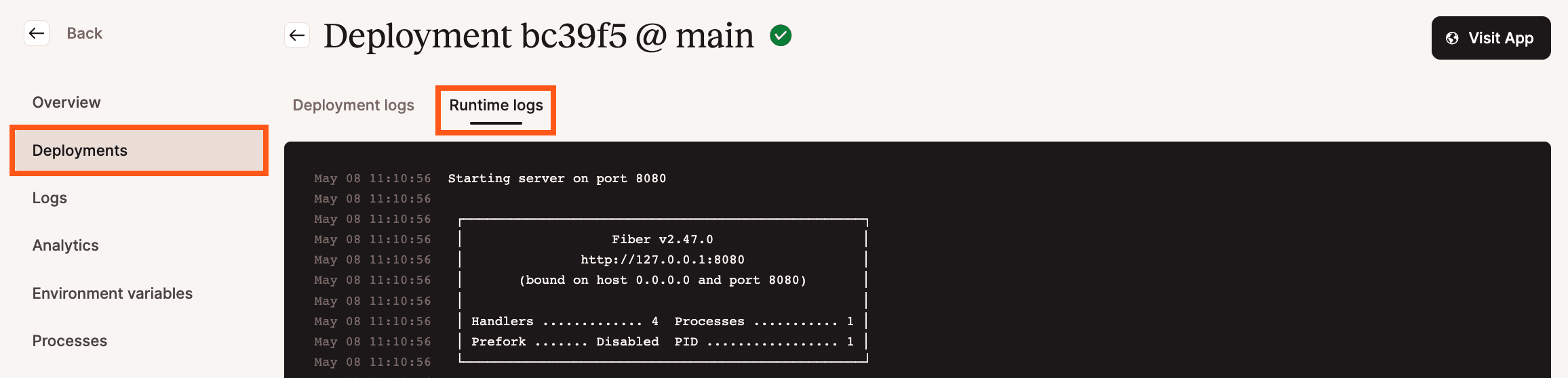 View the runtime logs for a specific deployment. 