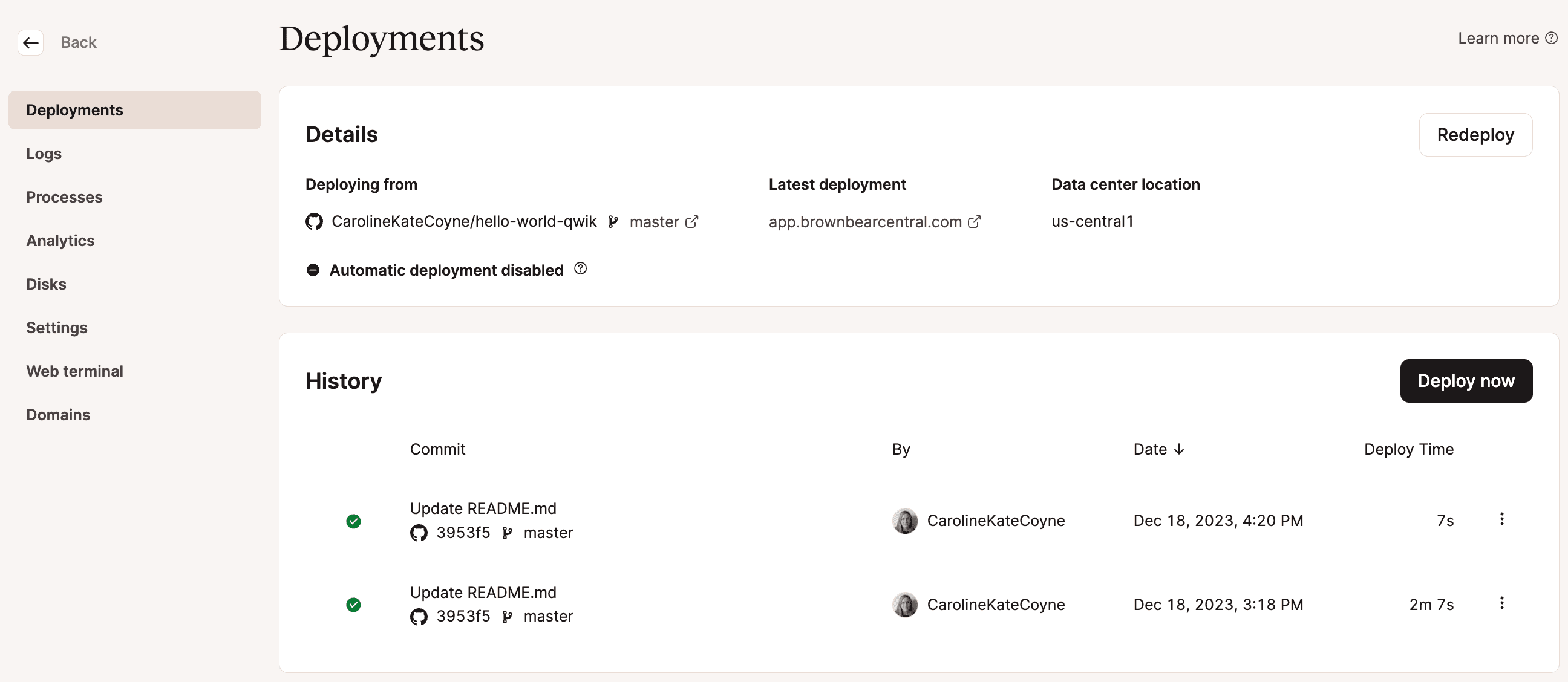 MyKinstaでアプリケーションのデプロイメントの詳細と履歴を確認