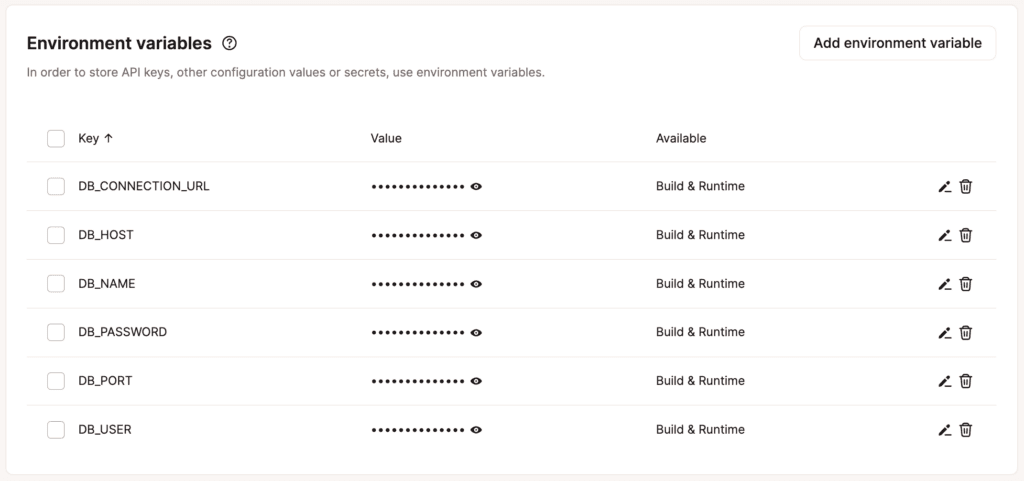 Variabili d'ambiente dell'applicazione.