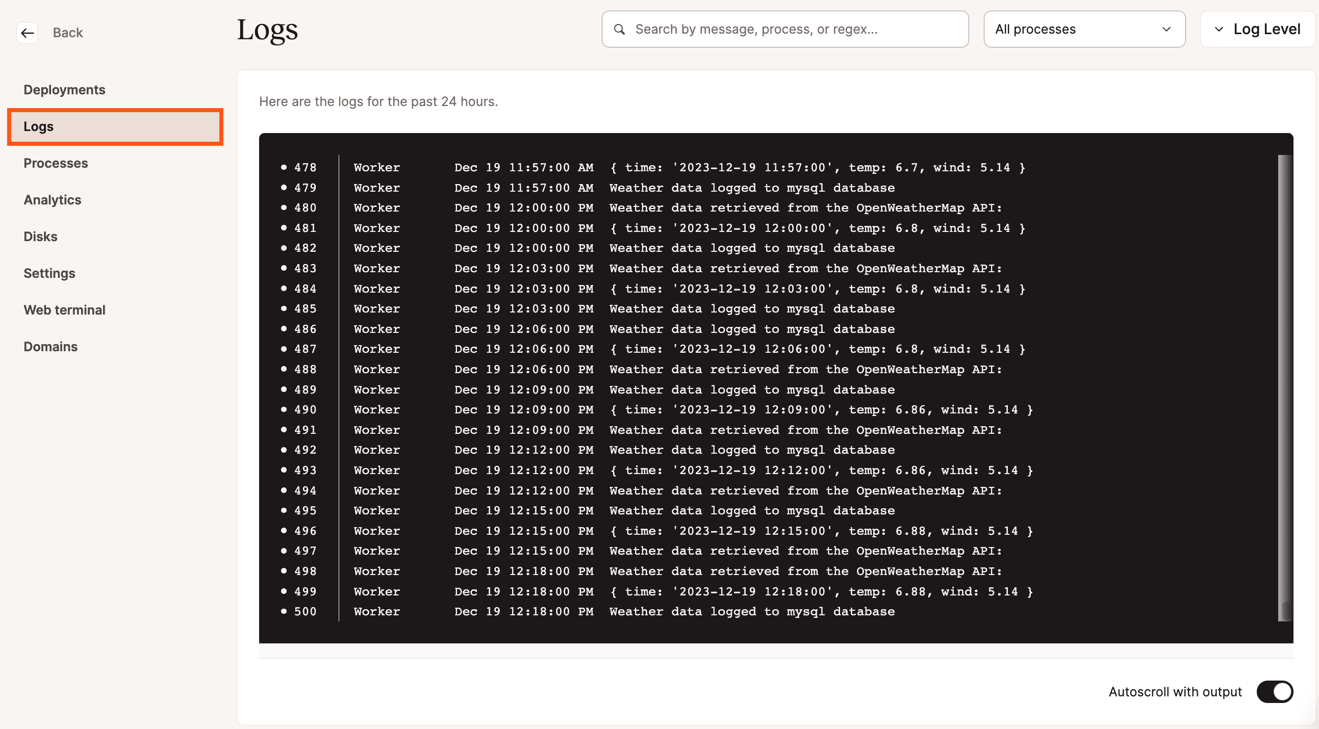 Visualizzare i log di runtime dell'applicazione in MyKinsta.