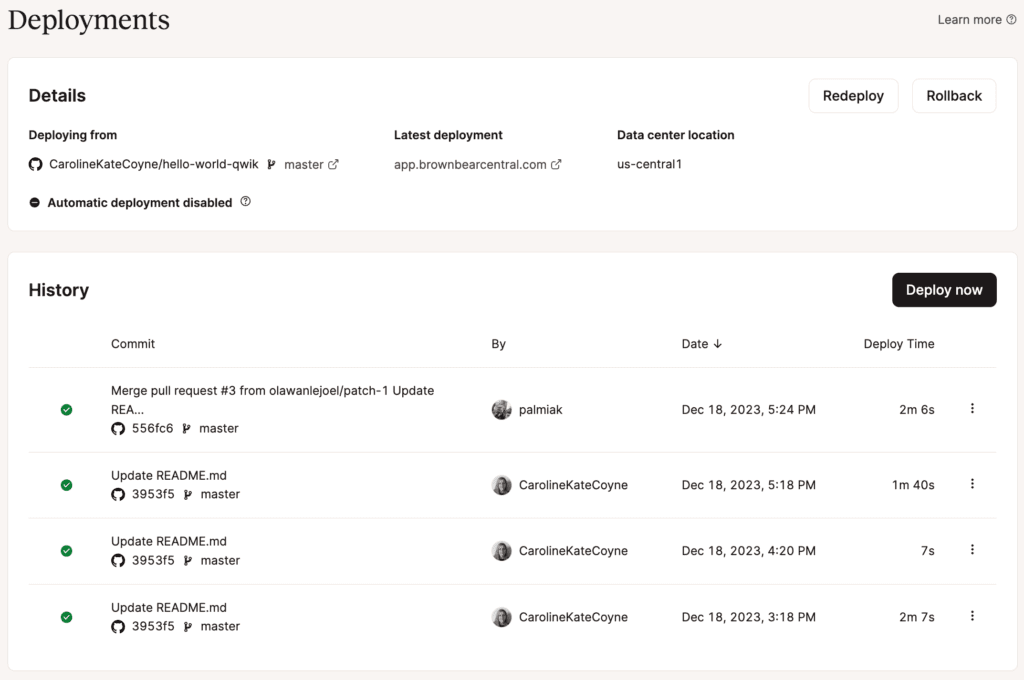 Veja os detalhes e o histórico da implantação do seu aplicativo no MyKinsta.