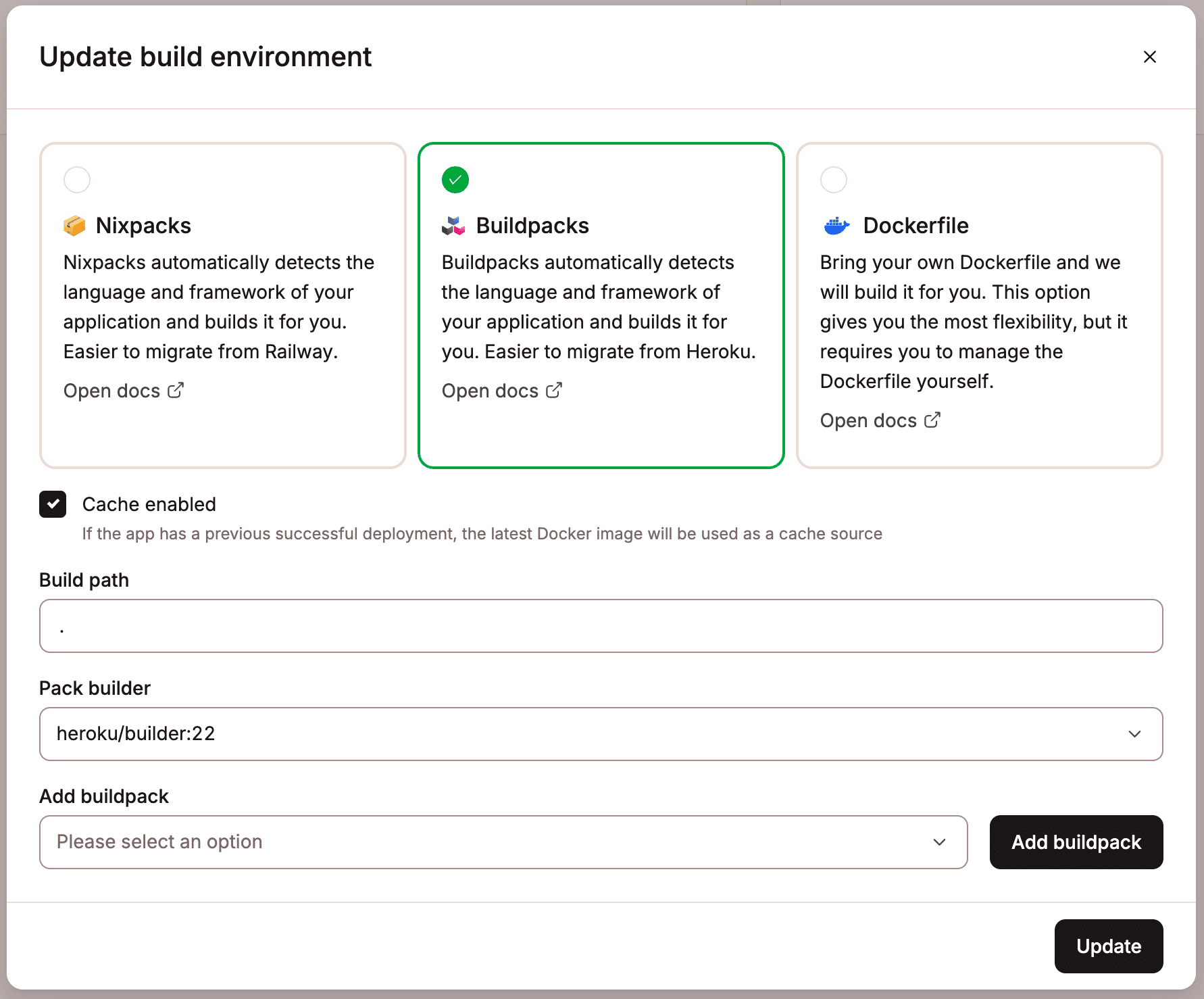 Select Buildpacks for your build environment.