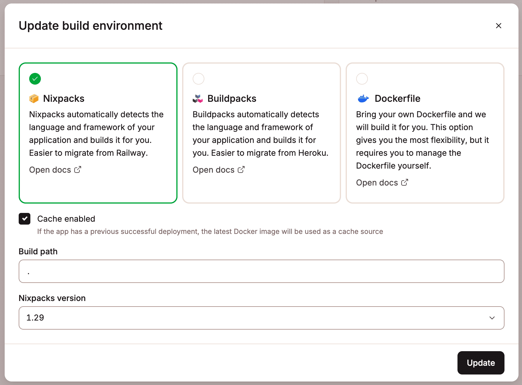 Select Nixpacks for your build environment.