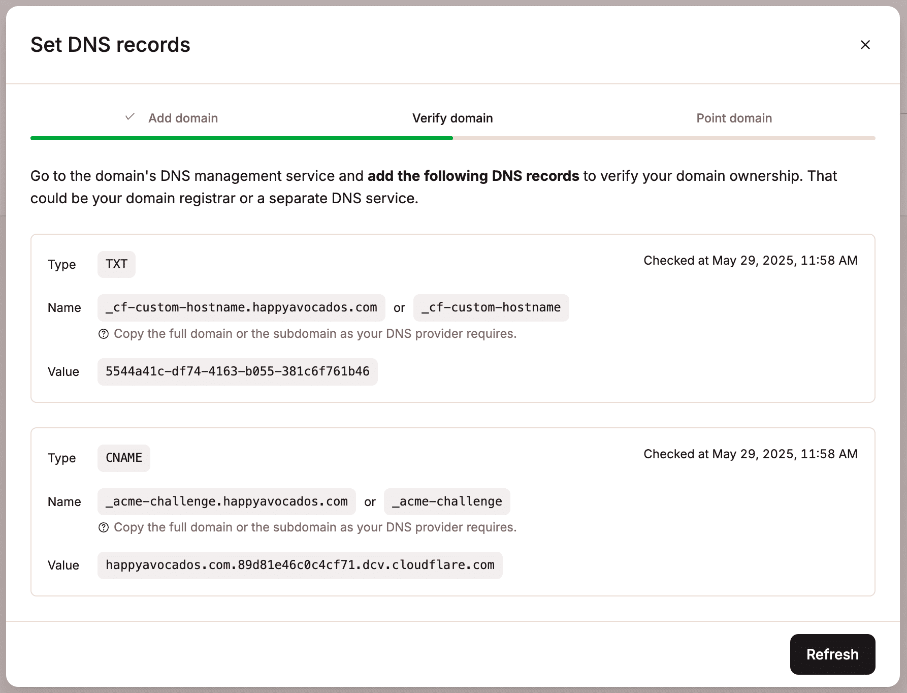 Add the TXT and CNAME record to your DNS records to verify your domain.
