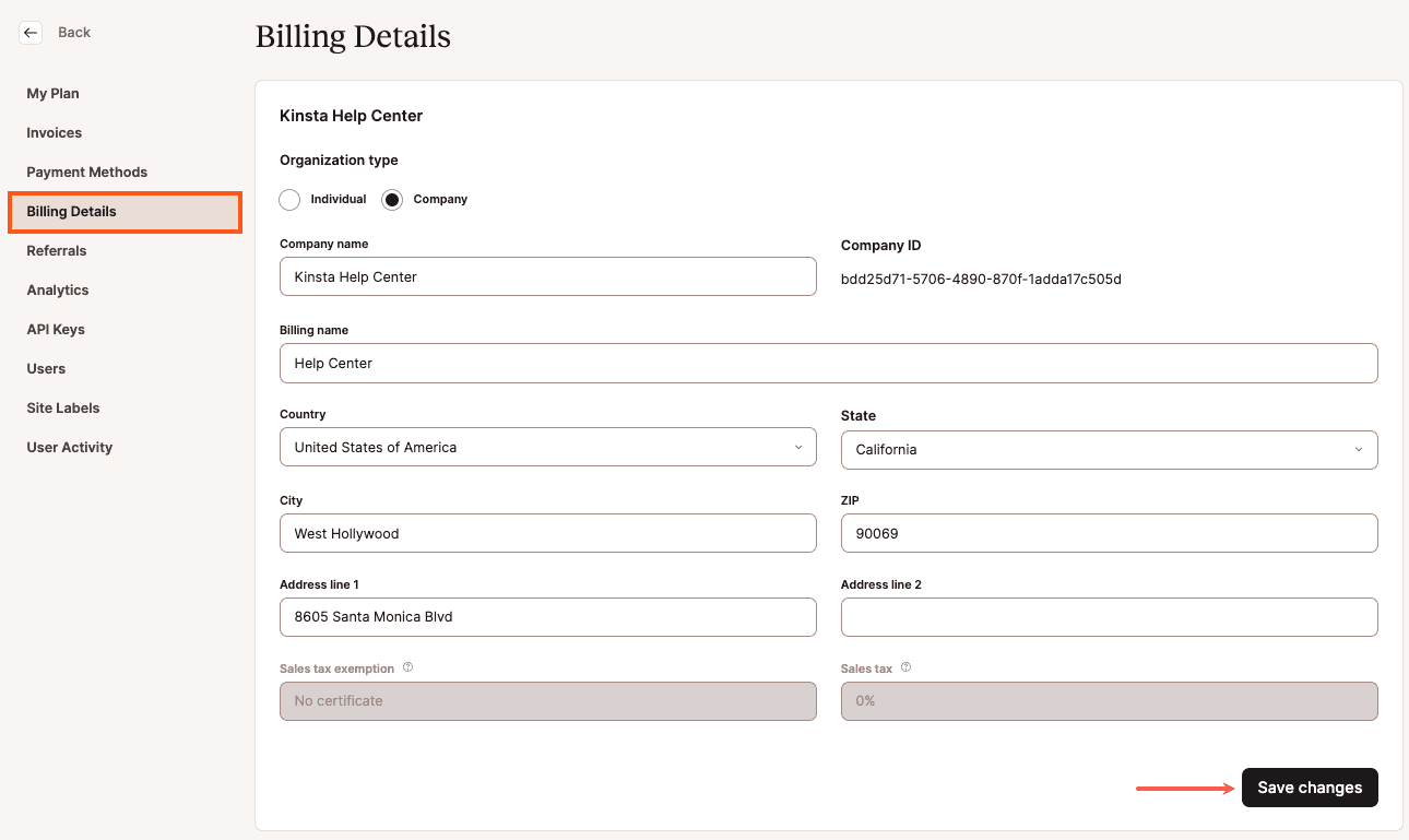 Detalles de Facturación en MyKinsta.