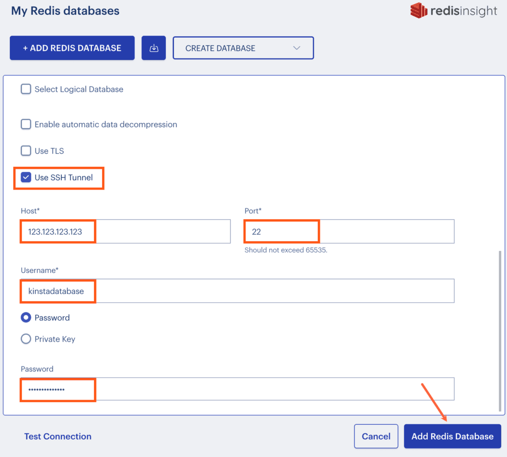 Introduce tus credenciales SSH de MyKinsta para conectarte a RedisInsight.